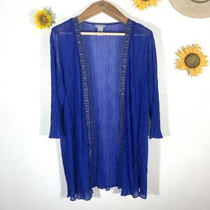 Catherines Blue Ruched Embroidered Open Cardigan Plus Size 0X Or 14/16W Womens